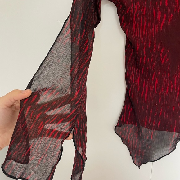 Sheer Red and Black Lace-Up Top - Picture 2 of 4